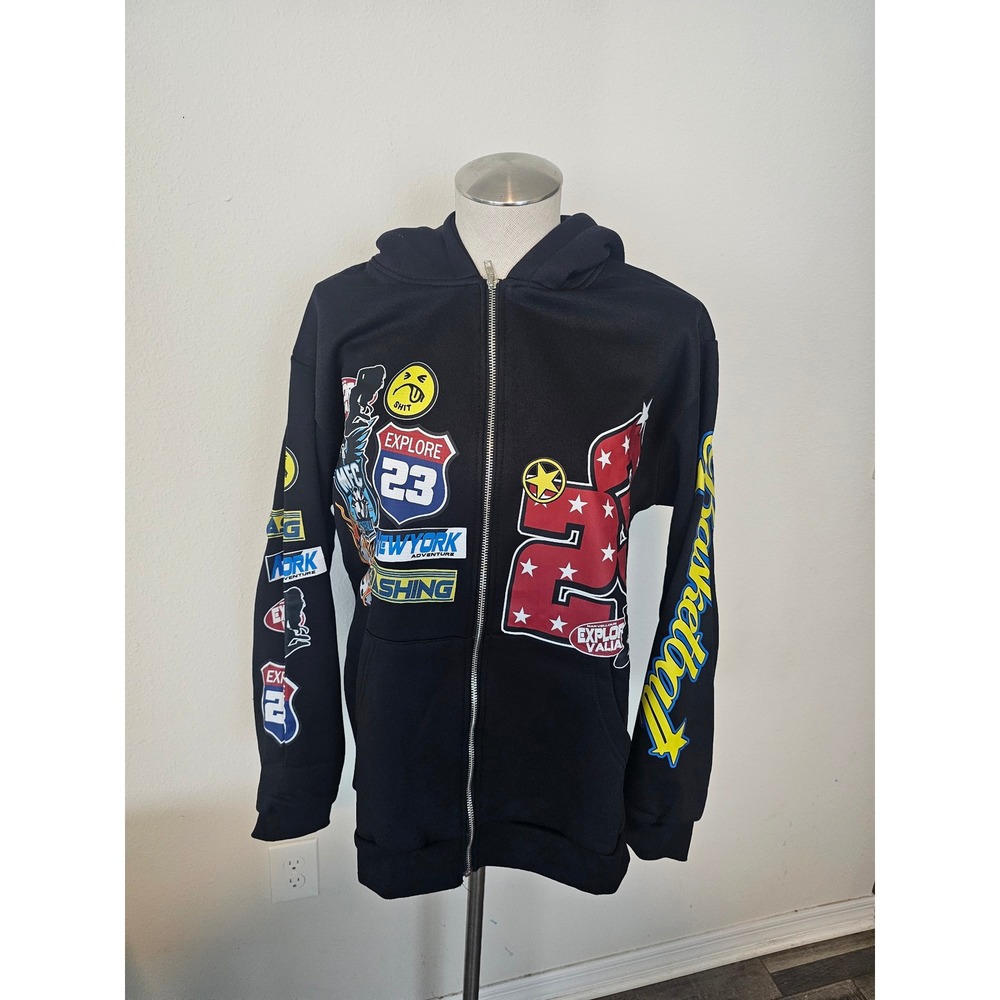 Mens Black Graphic Patch Full Zip Hoodie Sweatshirt Size M Explore 23 Basketball